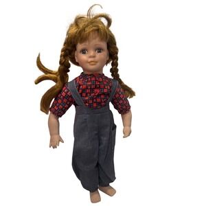 Vintage Porcelain Collector Doll Auburn Pigtails Strawberry Shirt Denim Overalls